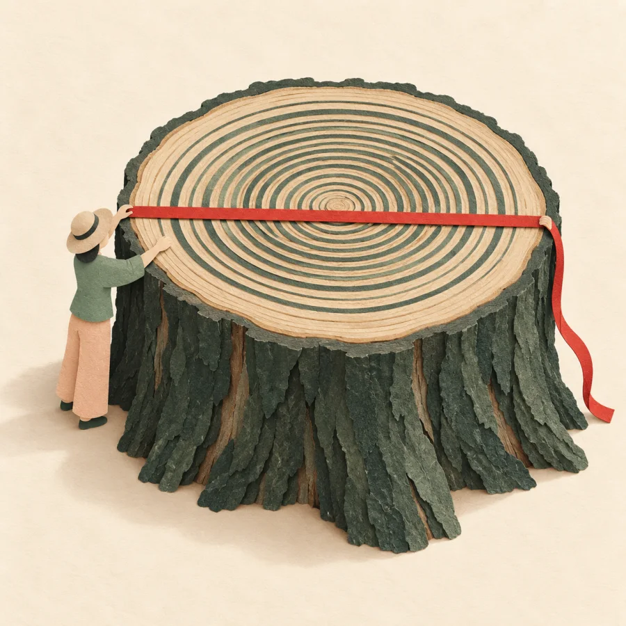 A person measures a tree stump with growth rings using a ribbon