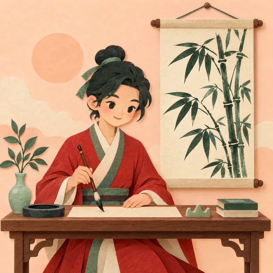 A person paints with a brush beside a bamboo scroll