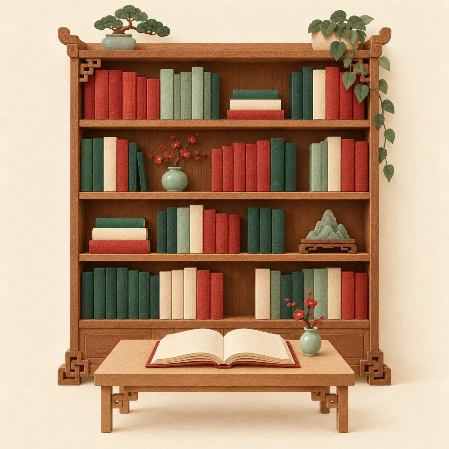 A tall shelf full of colorful books and one open book