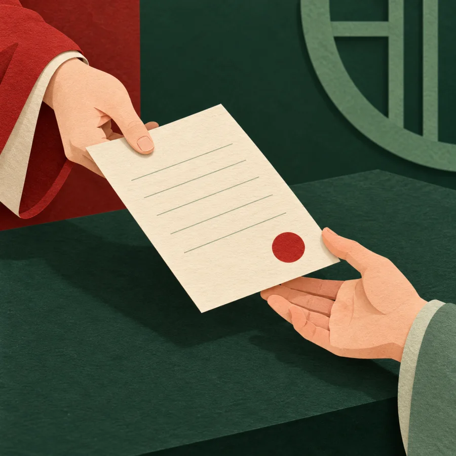 A person hands a sheet with a seal to another across a desk