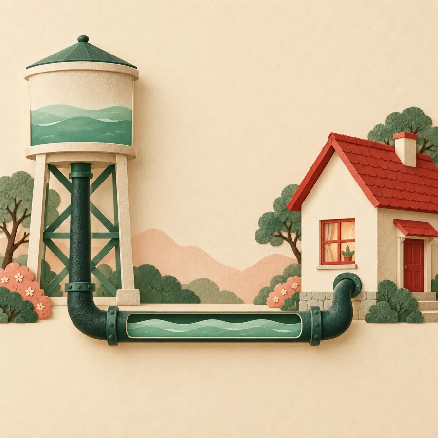 A long pipe carries water from a tank to a small house