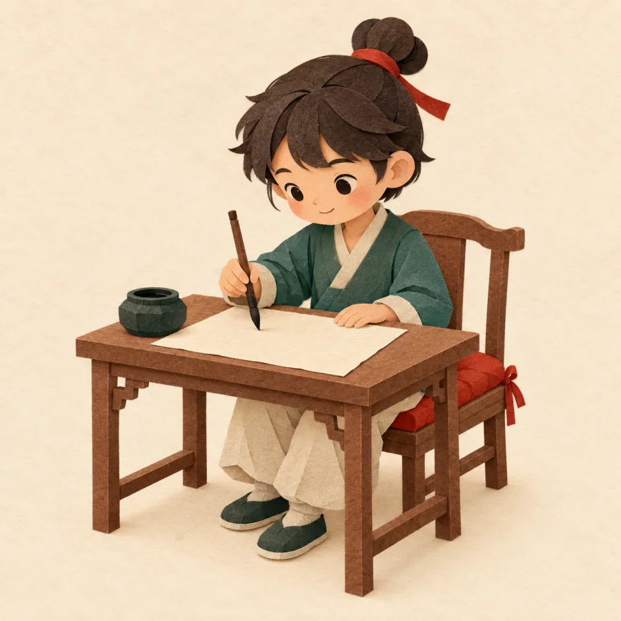 A child carefully writes with a brush at a desk