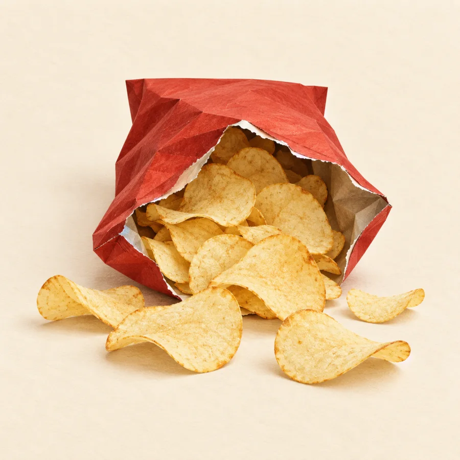 Potato chips spill from a torn red bag onto a table
