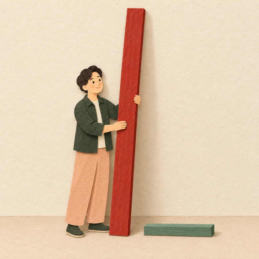 A person stands a long plank upright against a wall