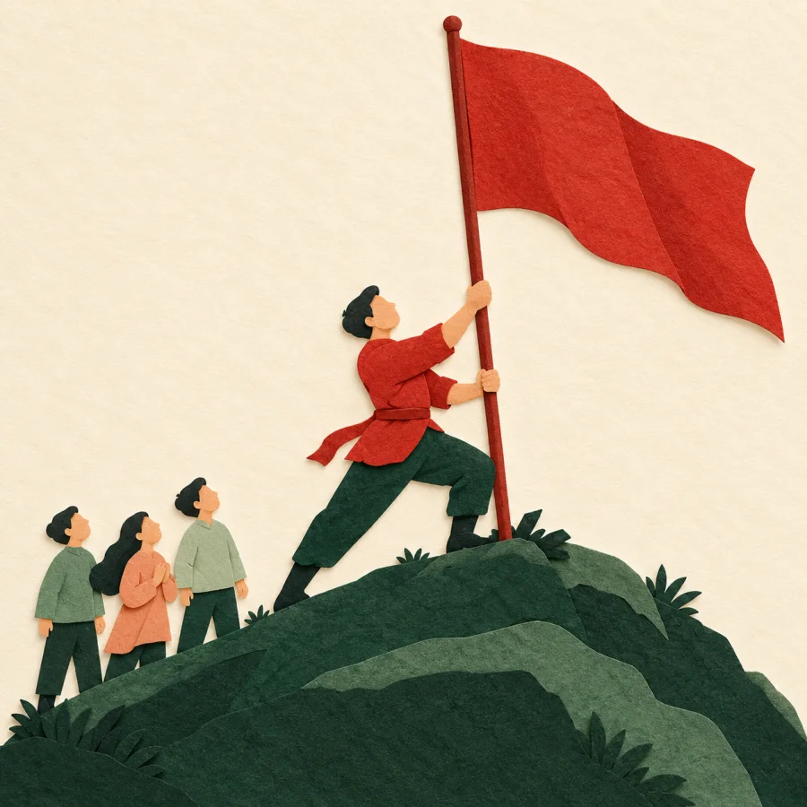A person plants a red flag on a hill