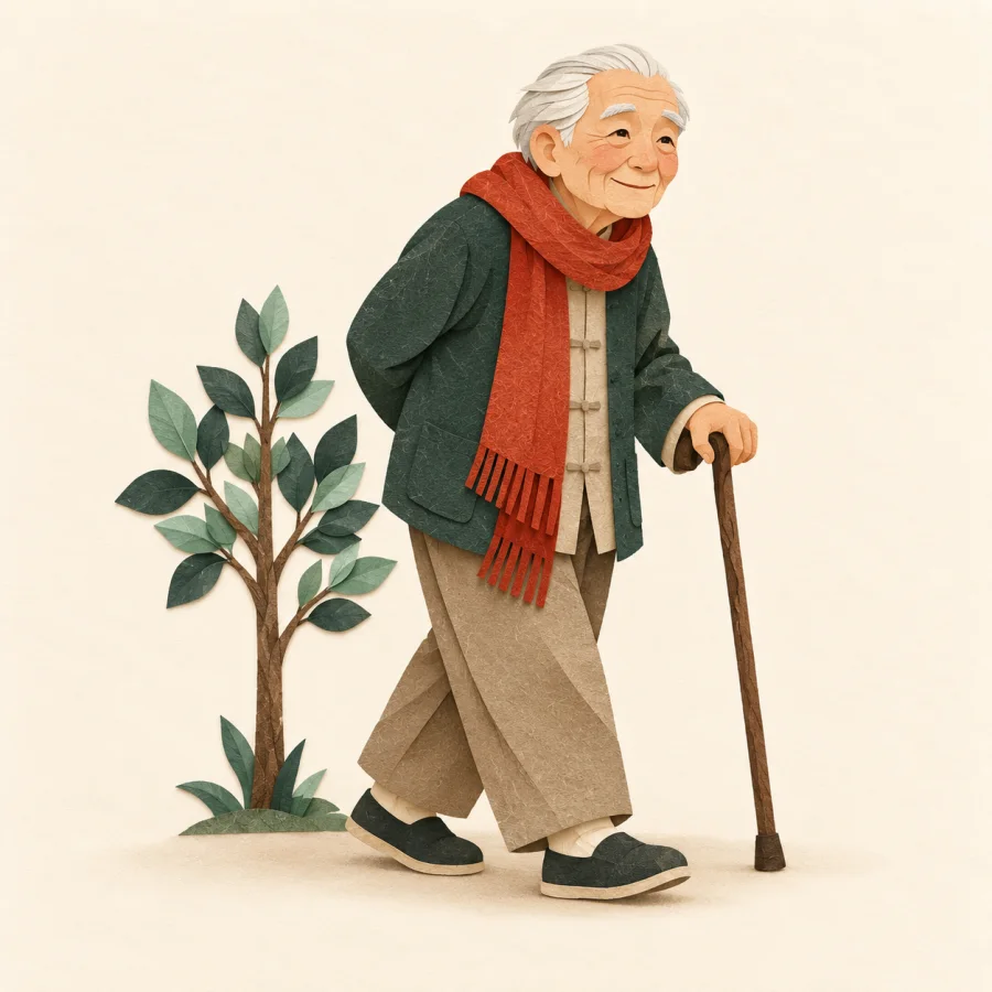 An elderly person with a cane walks beside a young tree