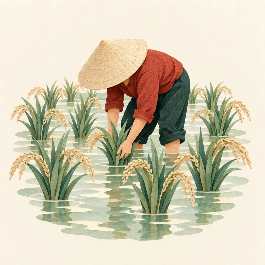 A person in a wide hat tends rice plants in a flooded field