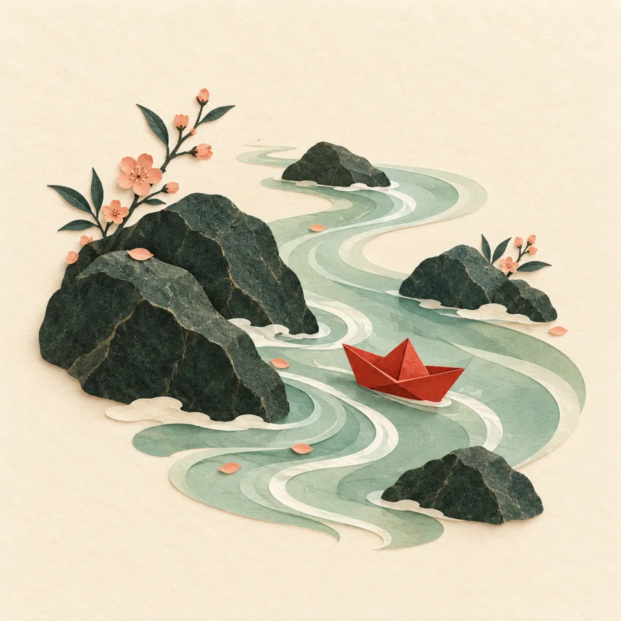 A stream flows around rocks carrying a paper boat