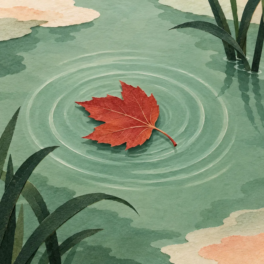 A red leaf floats on a pond with ripples spreading