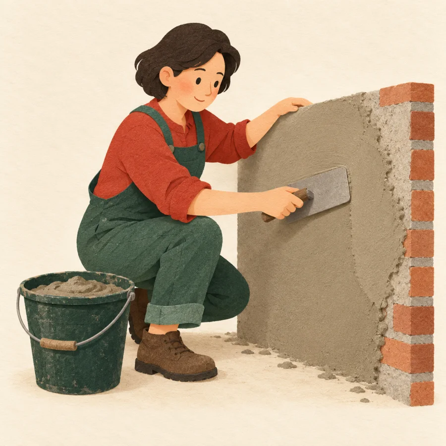 A person smooths cement on a wall with a trowel