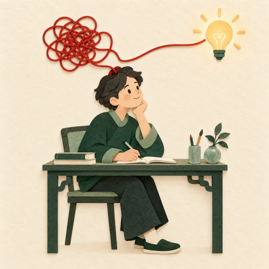 A tangled thread from a head turns straight toward a lightbulb