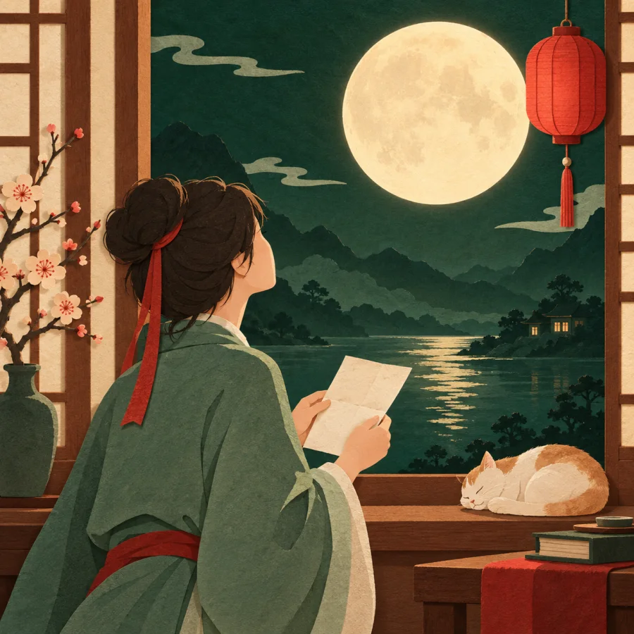 A person with a letter gazes at a full moon from a window
