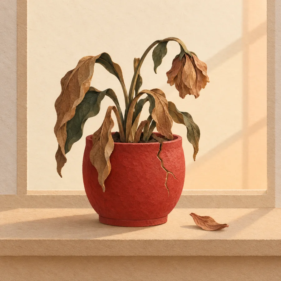 A wilted plant in a cracked pot on a windowsill
