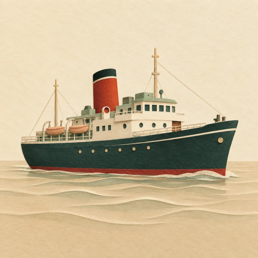 A single ship sails across a calm sea