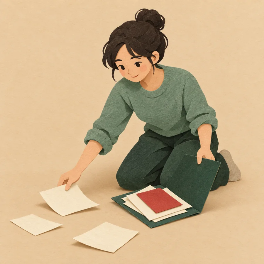 A person gathers scattered papers into a green folder