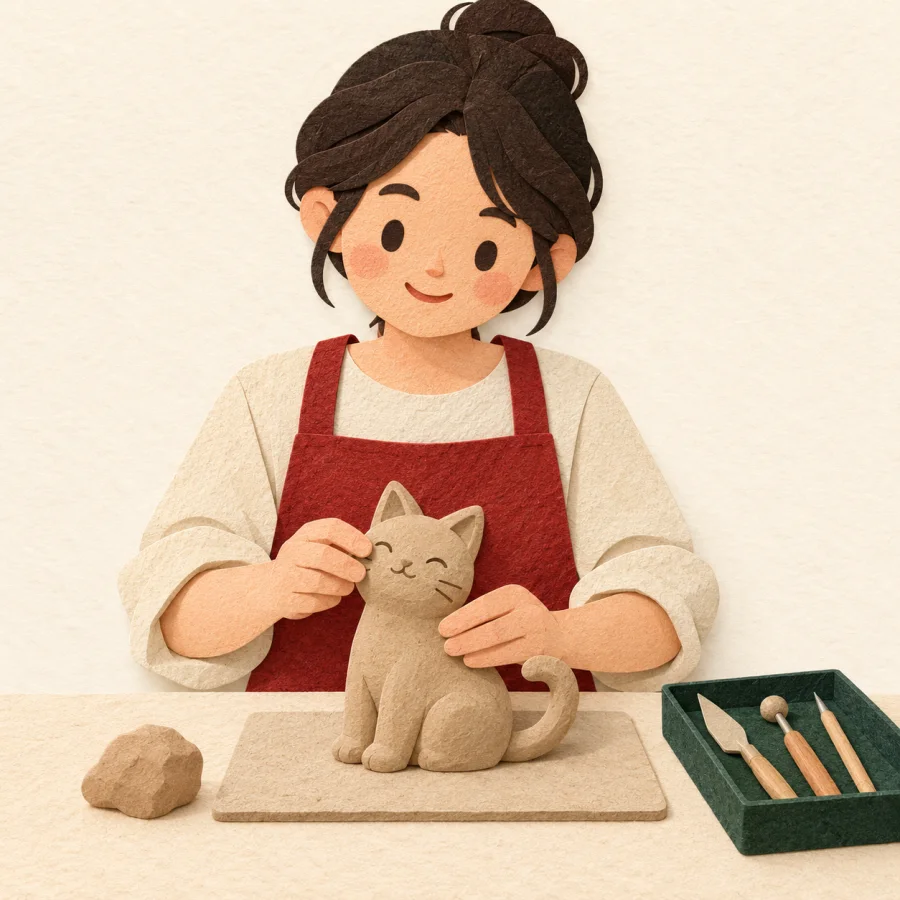 A person shapes a small clay cat with both hands