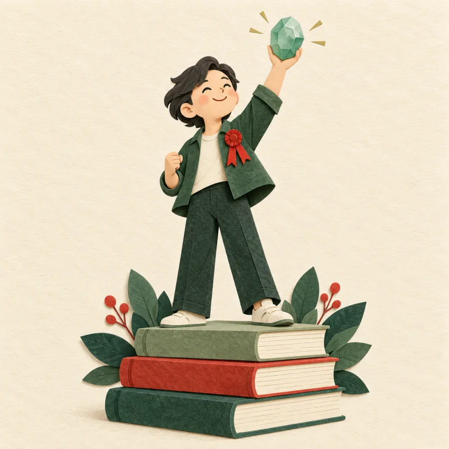 A smiling person stands on a stack of books holding a jade gem