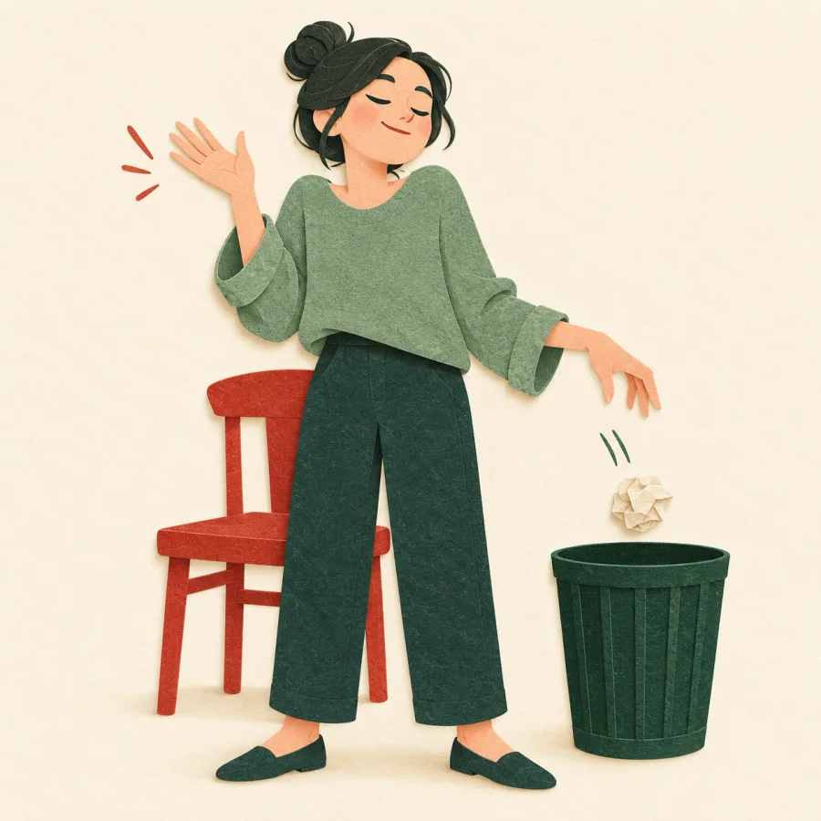 A person waves a hand and tosses a crumpled paper into a bin