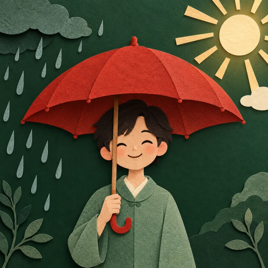 A smiling person under an umbrella with rain on one side and sun on the other