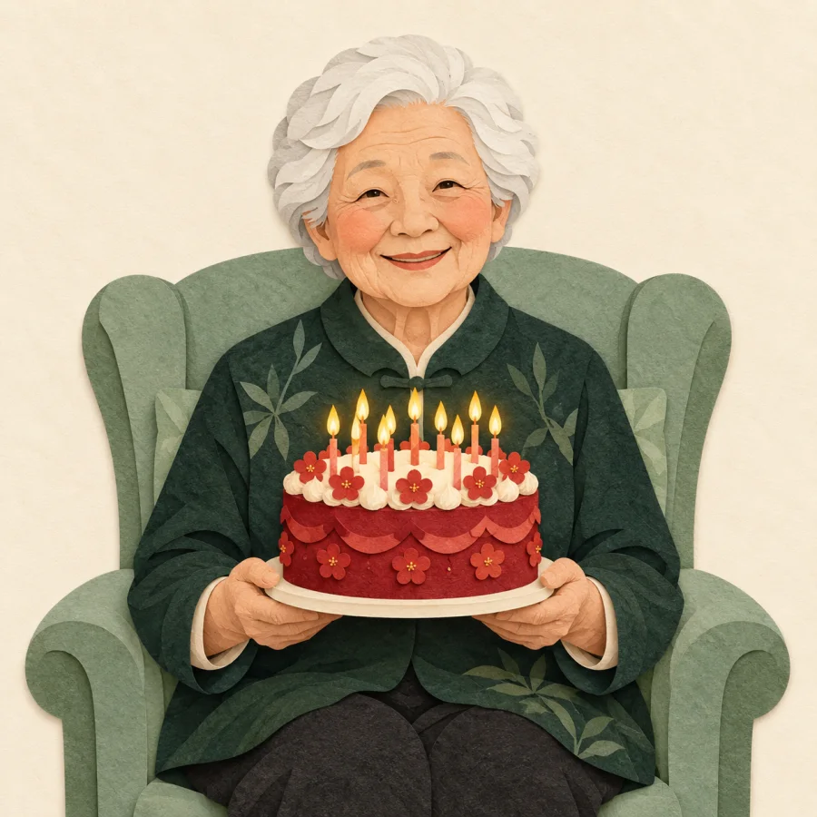 An elderly person holds a cake covered in candles