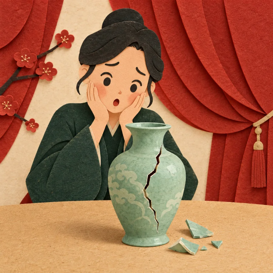 A person looks in dismay at a broken vase