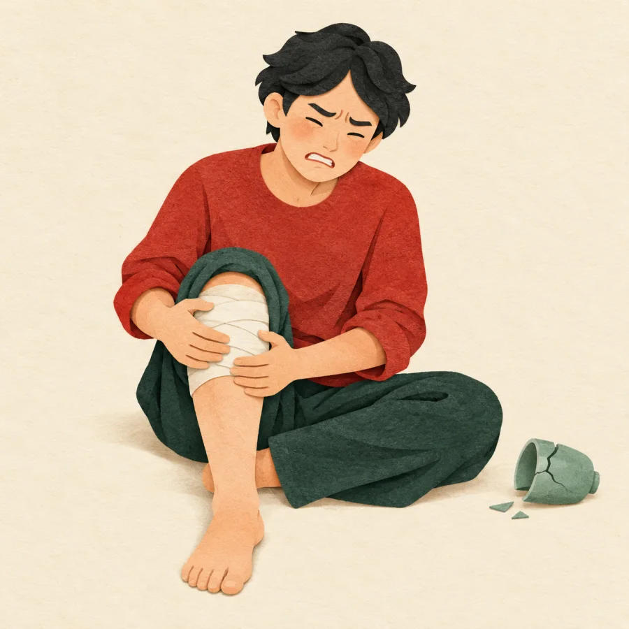 A seated person holding a bandaged knee