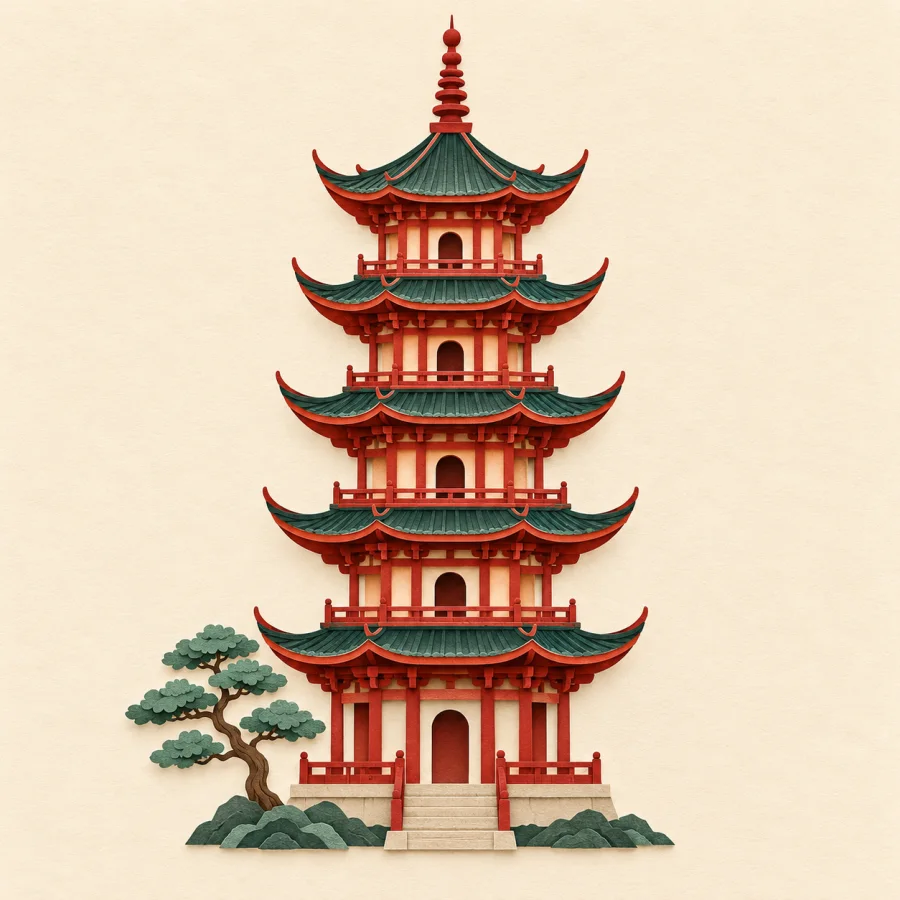 A red multi-tiered pagoda with curved roofs