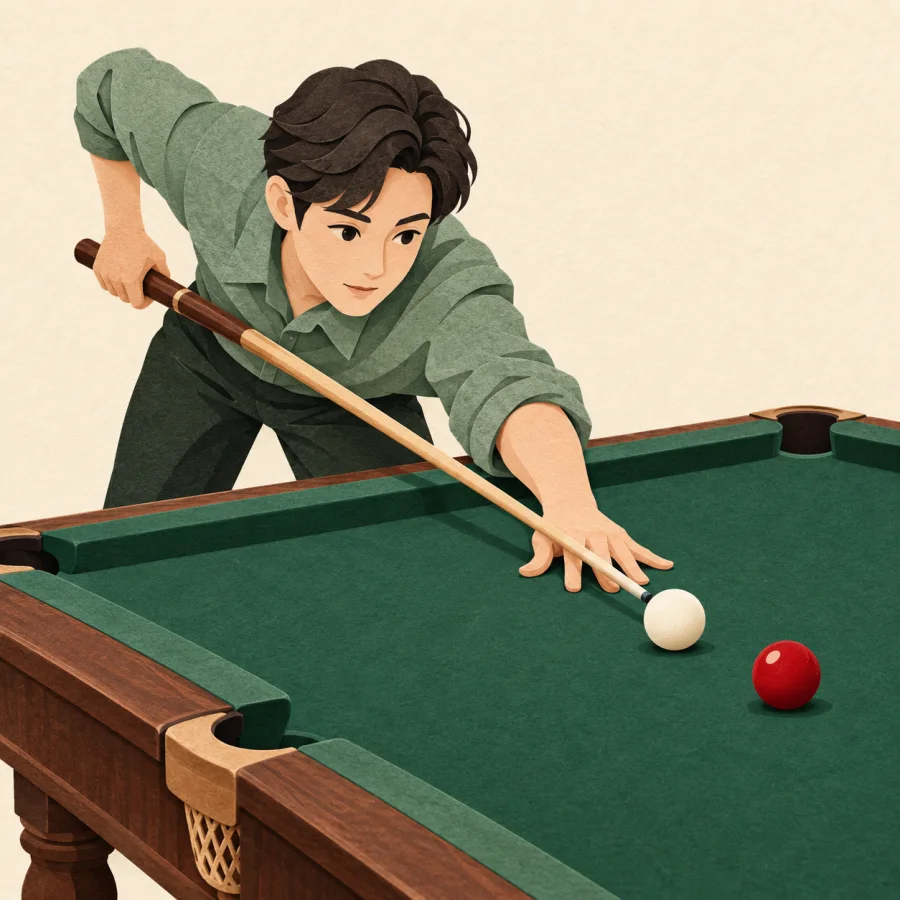 A person aiming a cue at a white ball on a table