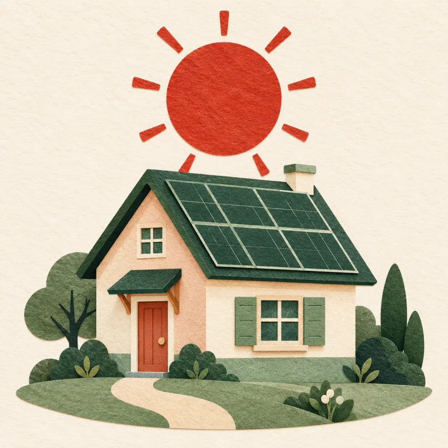 A sun shining over a roof with solar panels