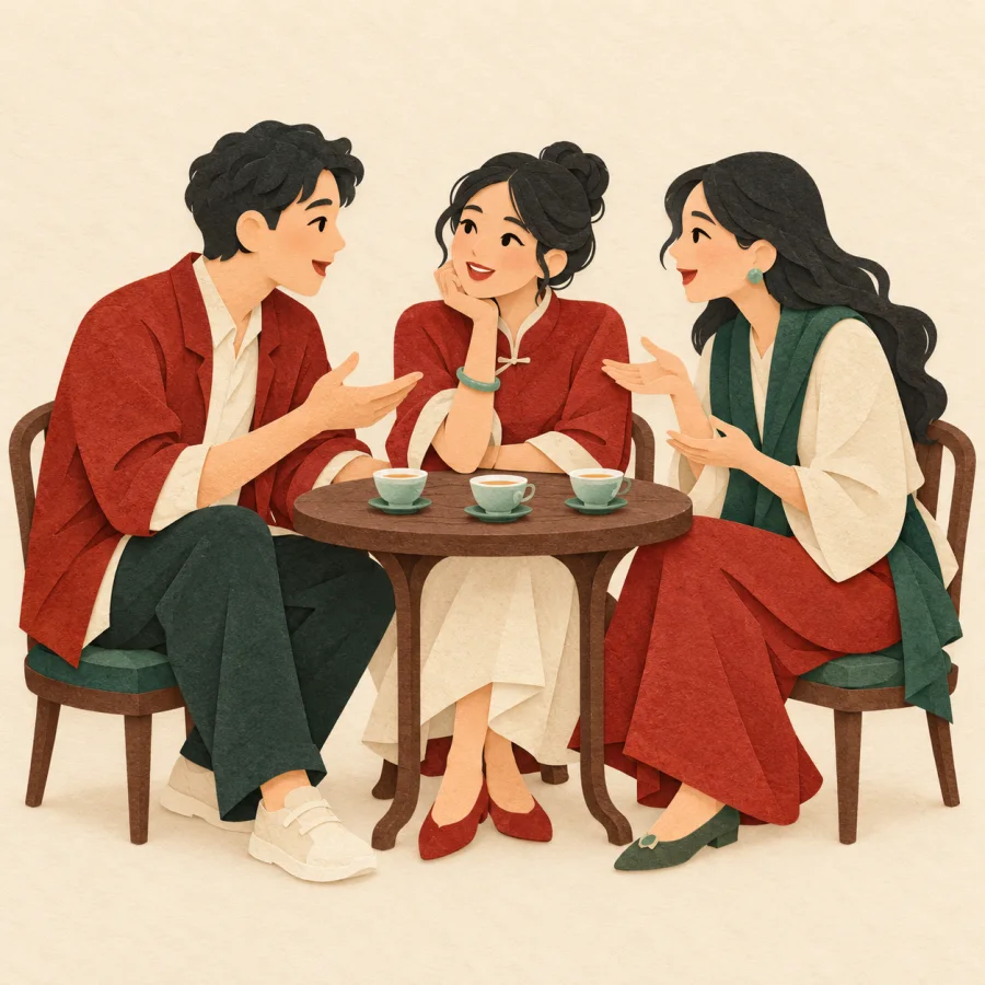 Three people chatting around a small table