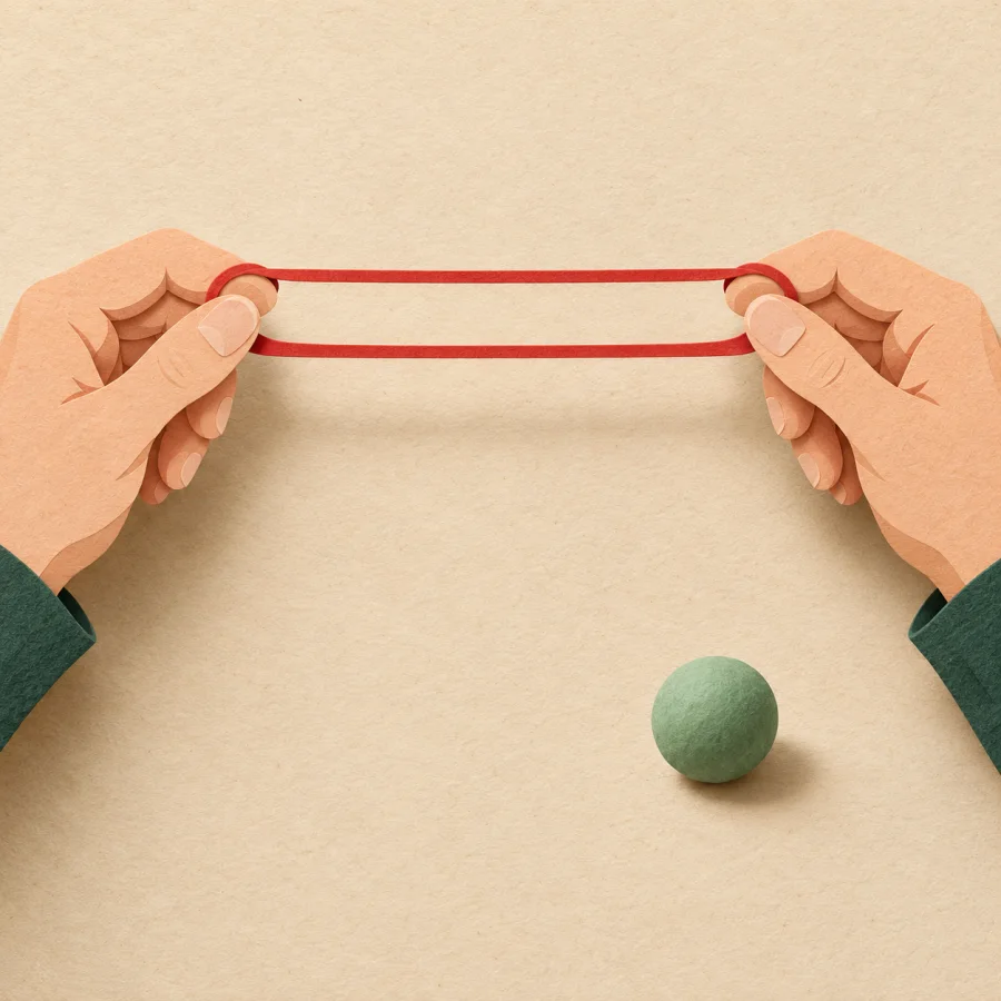 Two hands stretching a red rubber band