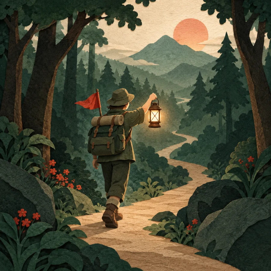 A person with a lantern entering a forest