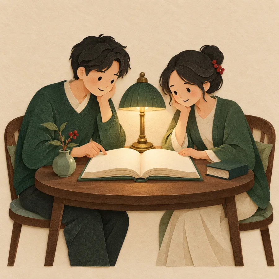 Two people bent over an open book under a lamp