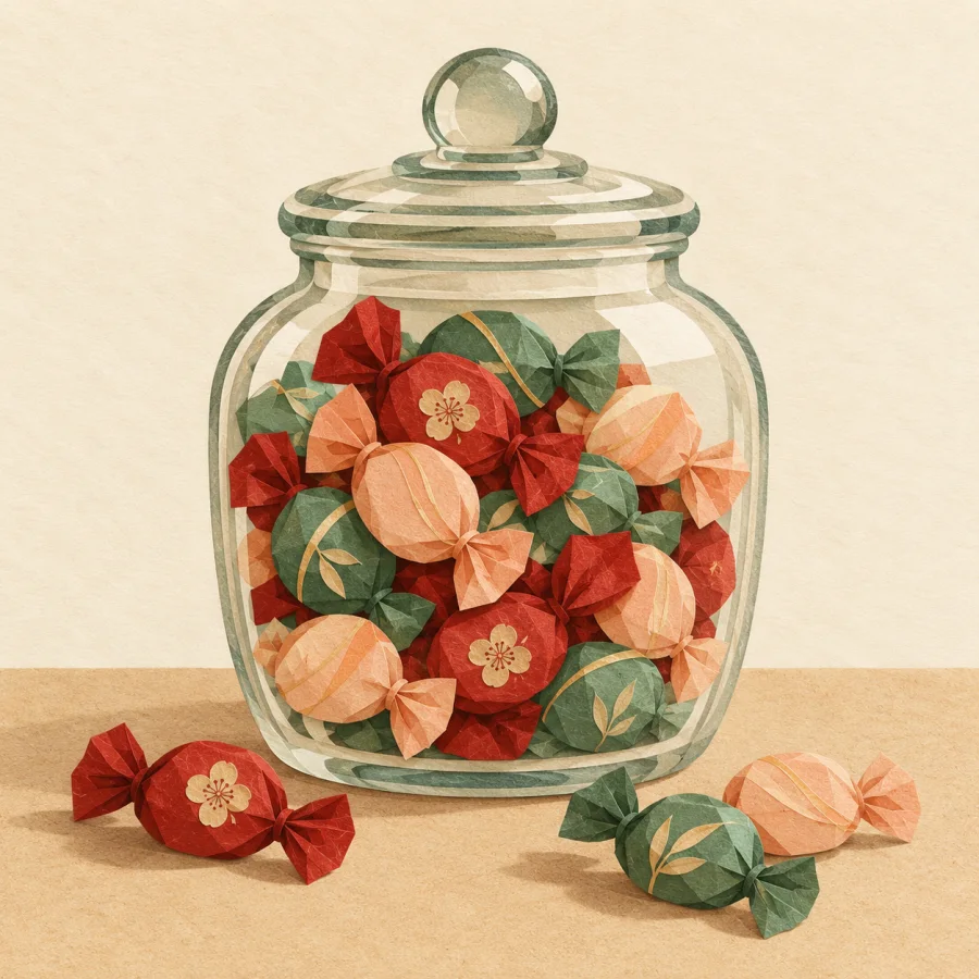 A jar full of colorful wrapped candies