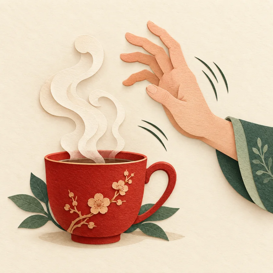 A hand pulling back from a steaming red cup