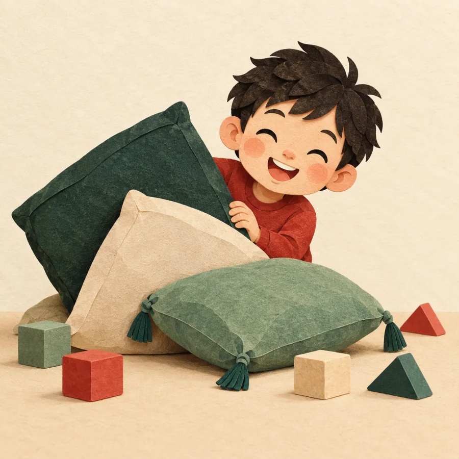 A grinning child among scattered toy blocks
