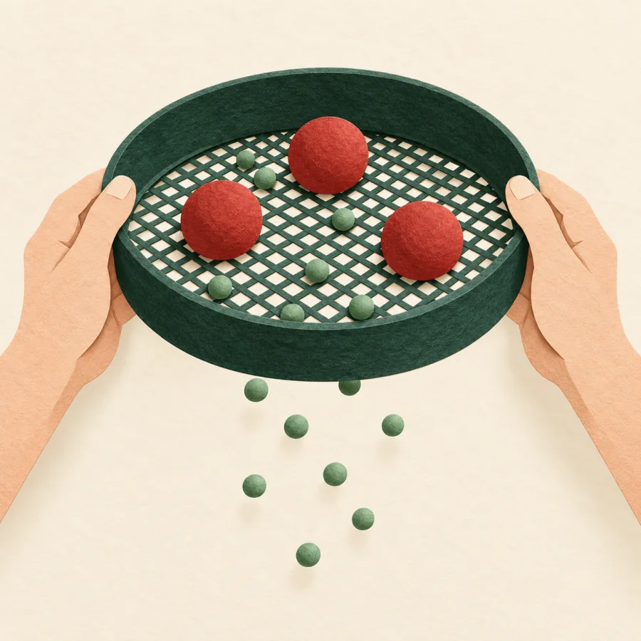 A sieve with red balls left on top
