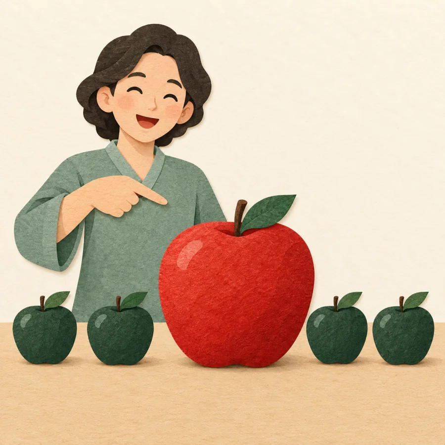 A person pointing at one extra-large red apple