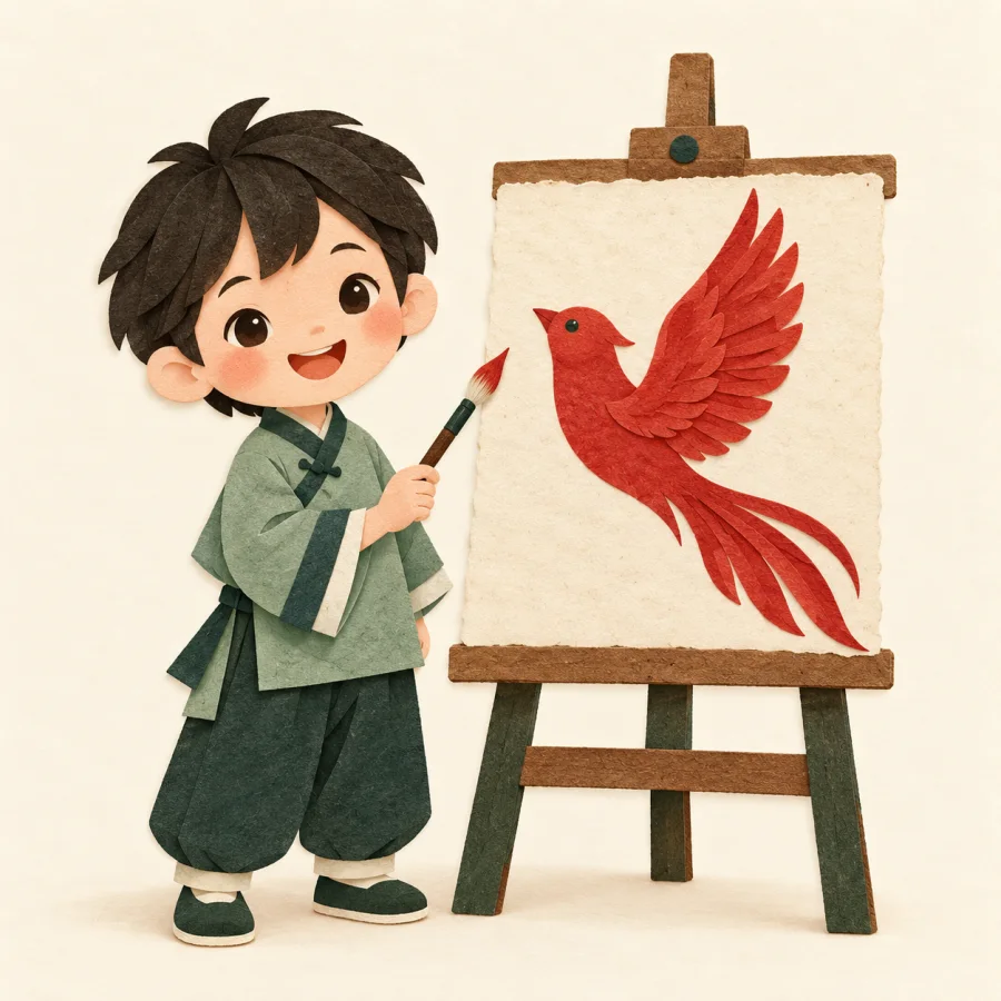 A smiling child with a brush beside an easel