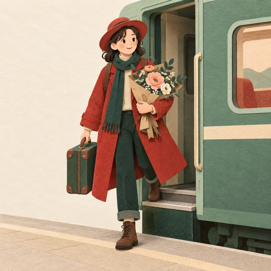 A traveler stepping off a train with a bouquet