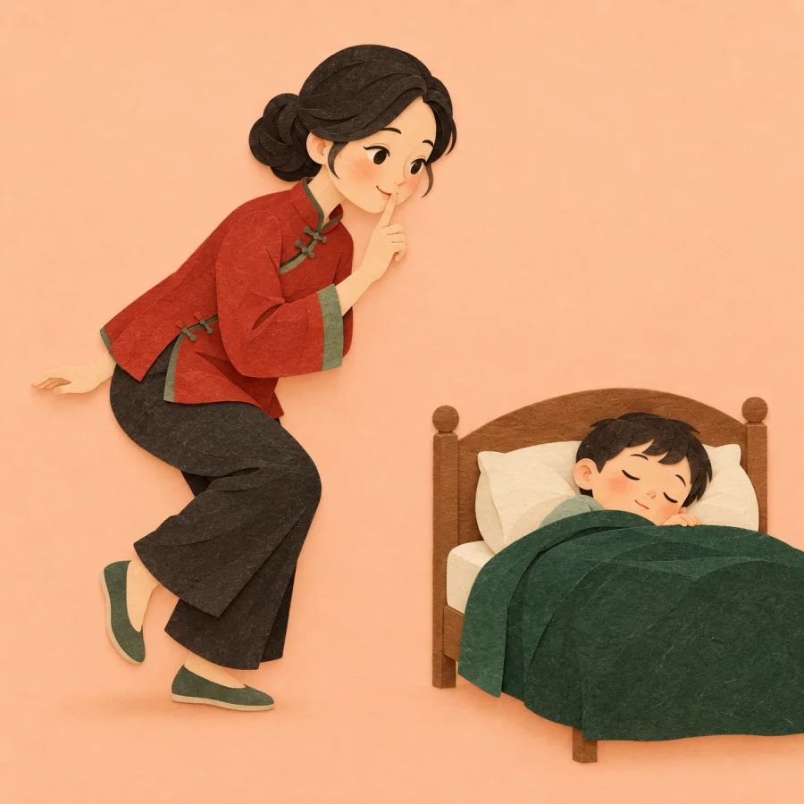 A person tiptoeing past a sleeping child