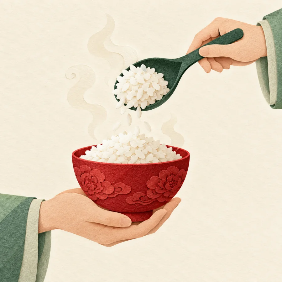 A hand adding more rice to a red bowl