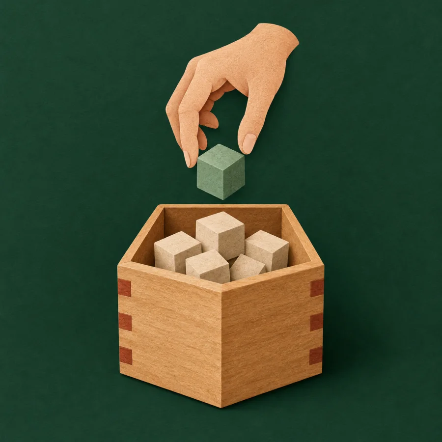A hand placing one more cube into a box