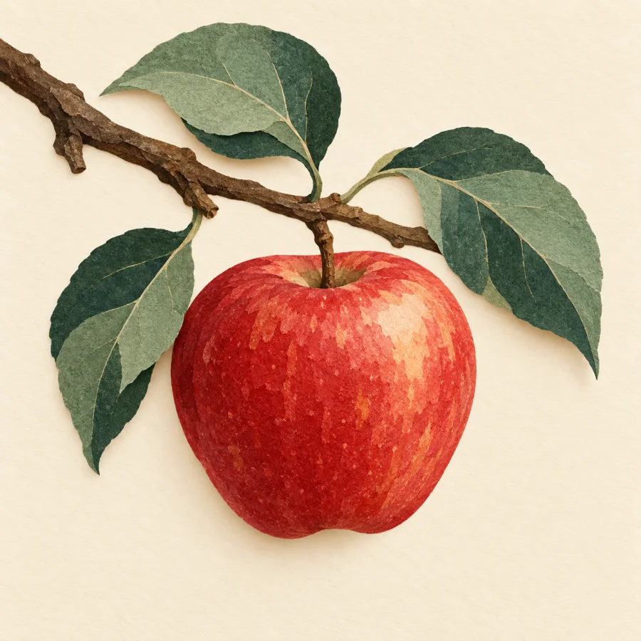 An apple tree branch with a red apple and leaf