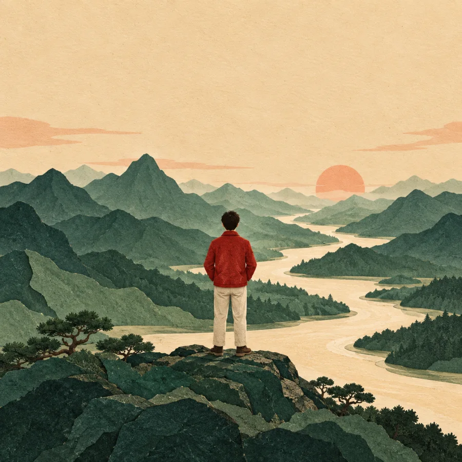 A person on a hill looking over mountains and rivers