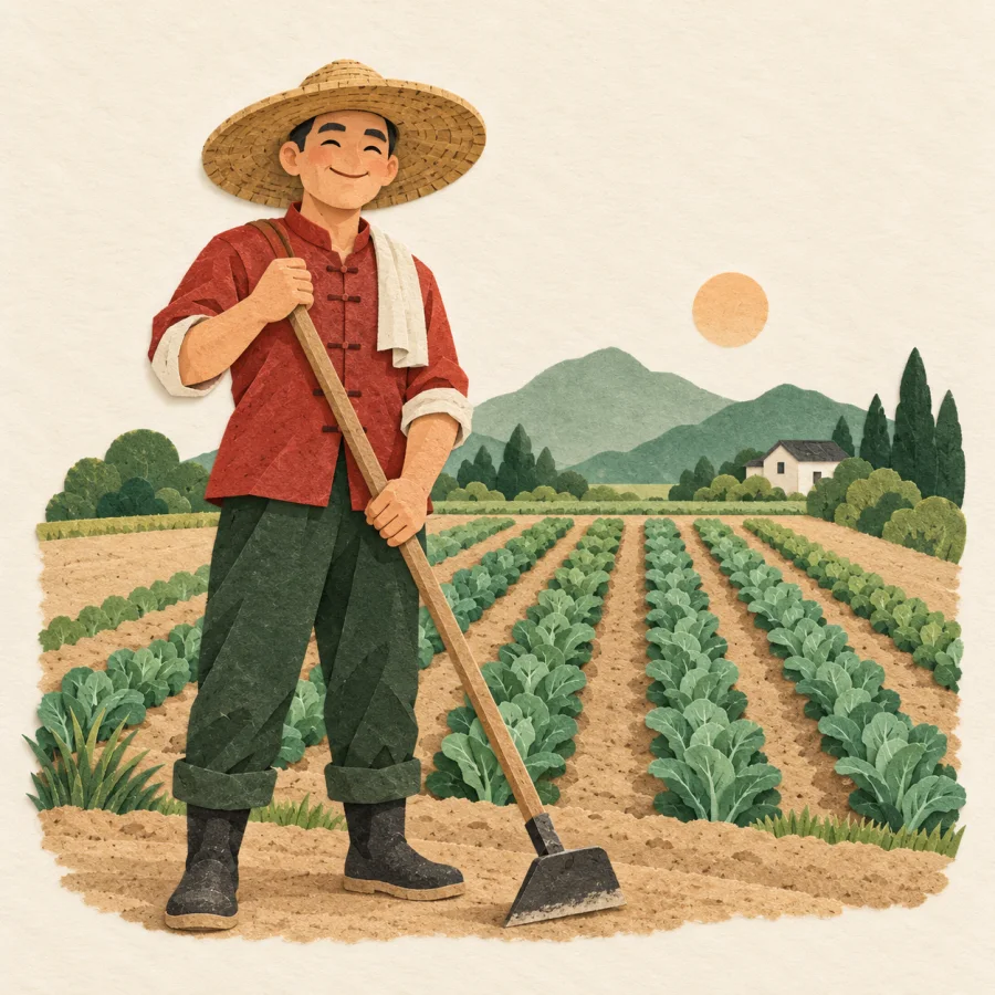A farmer in a straw hat at the edge of a field
