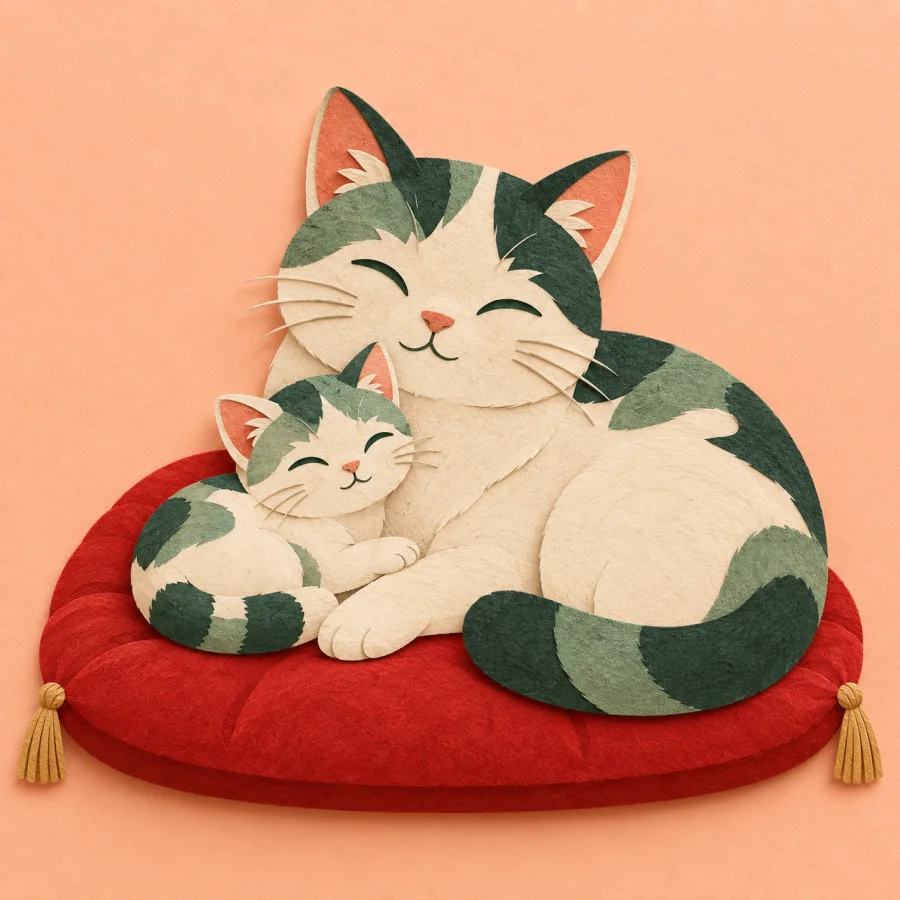 A kitten snuggled against a large cat