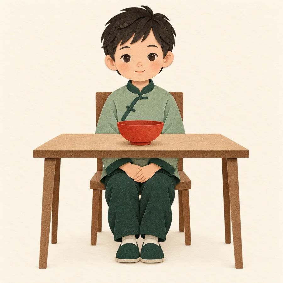 A child sitting neatly at a table with folded hands