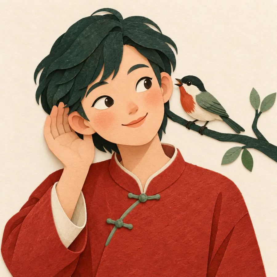 A person listening to a bird on a branch