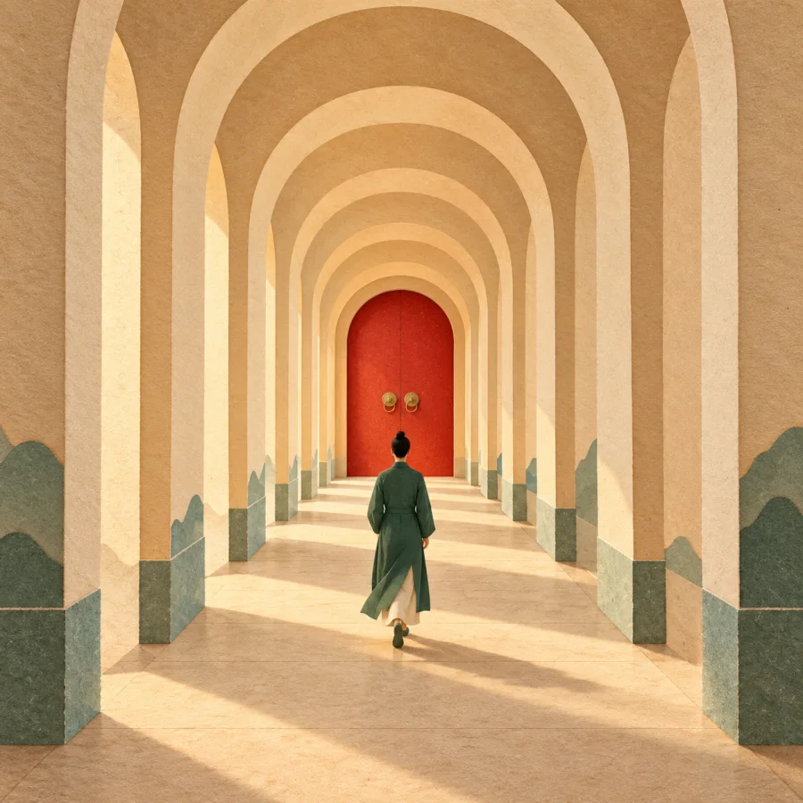 A person walking along a long arched corridor